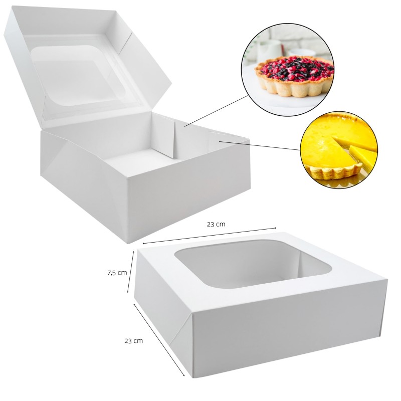 Be Your Packer 50 Boîtes pour Gâteaux 23x23x7,5 cm - En Carton Kraft Blanc avec Fenêtre - Idéales pour les Gâteaux et Bonbons