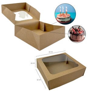 Pack 50 cajas para tartas con ventana - Kraft Marrón - 32x32x10cm