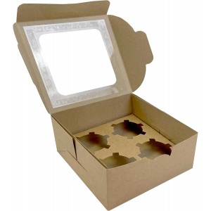 Pack 10 cajas para cupcakes con ventana - Kraft Marrón - 4 agujeros