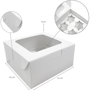 Pack 30 cajas para cupcakes con ventana - Kraft Blanco - 4 agujeros