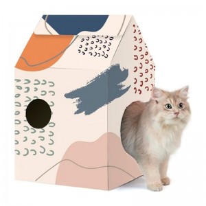 Casa para gatos de cartón con estampado azul - 36x36x5,4cm