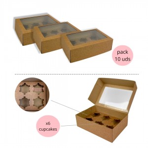 Pack 10 cajas para cupcakes con ventana - Kraft Marrón - 6 agujeros