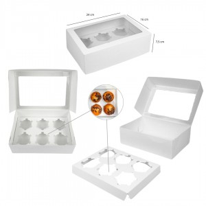 Pack 30 cajas para cupcakes con ventana - Kraft Blanco - 6 agujeros