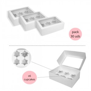 Pack 10 cajas para cupcakes con ventana - Kraft Blanco - 6 agujeros