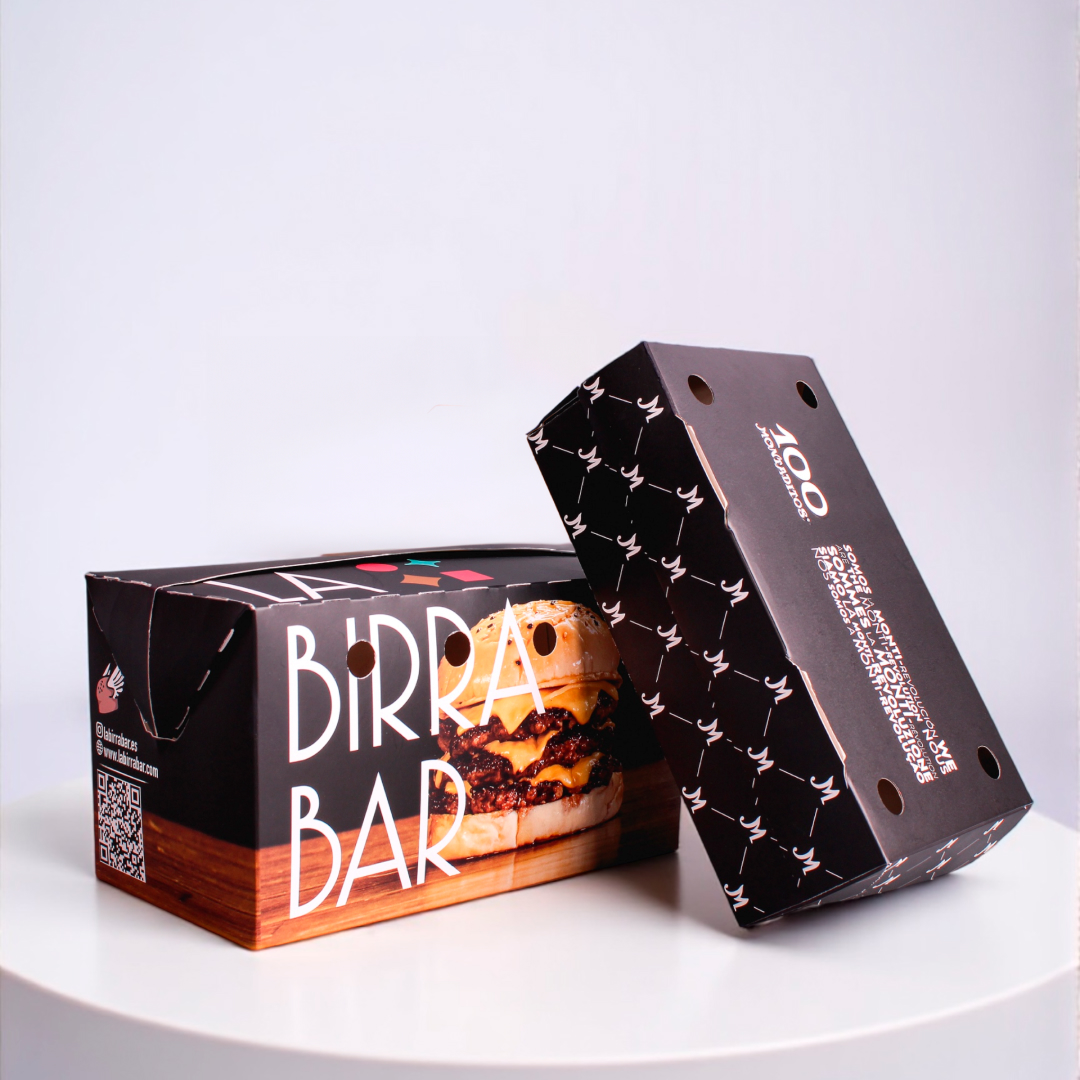 Packaging para hamburgueser&iacute;a personalizado rectangular en color negro para las marcas 100montaditos y Birra