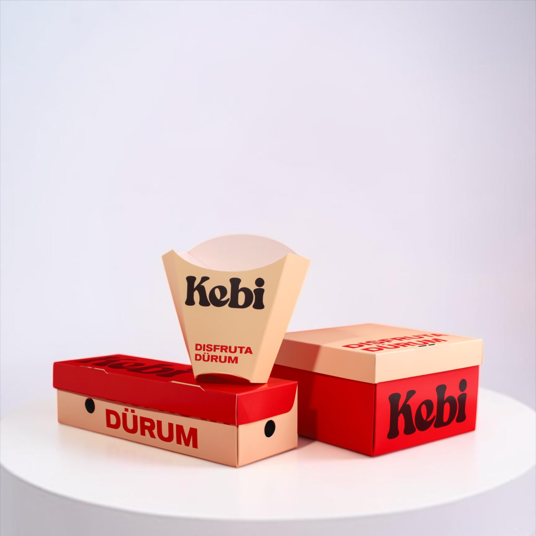 Packaging personalizado para alimentaci&oacute;n, caja para patatas fritas, caja para durum y caja para hamburguesa para la marca Kebi